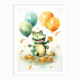 Crocodile Flying With Autumn Fall Pumpkins And Balloons Watercolour Nursery 3 Art Print