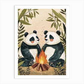 Giant Panda Two Bears Sitting Together By A Campfire Storybook Illustration 3 Art Print