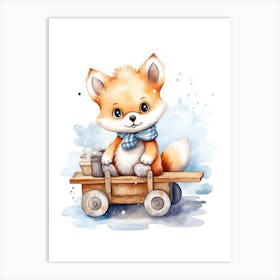 Baby Polar Fox On A Toy Car, Watercolour Nursery 0 Art Print