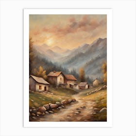 Village At Sunshine in the mountains oil painting style portrait format Art Print