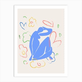 Blue Figure Flowers Art Print