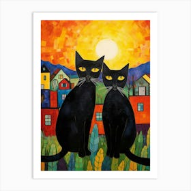 Two Black Cats At Sunrise In Front Of A Town Art Print