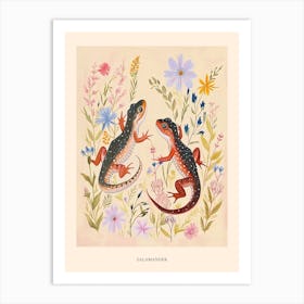 Folksy Floral Animal Drawing Salamander Poster Art Print