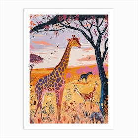 Giraffe In The Wild With Other Animals Watercolour Style 2 Art Print