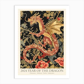 Lunar Year Of The Dragon 2024 Dragon Art Chinese Zodiac Flowers Gold Red Art Print