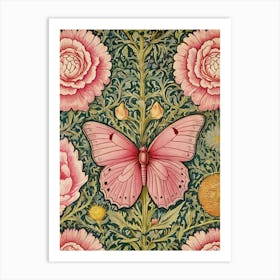 Pink Roses And Butterflies Style William Morris Art Print