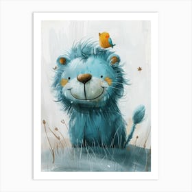 Small Joyful Lion With A Bird On Its Head 3 Art Print