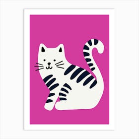 Striped Cat on Pink Background Art Print