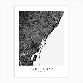 Barcelona Spain Minimal Black Mono Street Map  Art Print