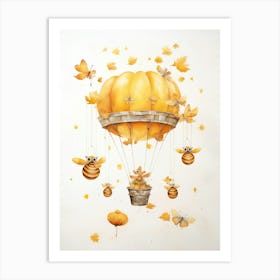 Bee Flying With Autumn Fall Pumpkins And Balloons Watercolour Nursery 4 Art Print