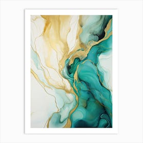 Teal, White, Gold Flow Asbtract Painting 1 Art Print