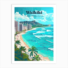 Waikiki Hawaii Beach Travel Illustration Art Print