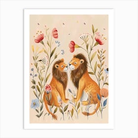 Folksy Floral Animal Drawing Lion 3 Art Print