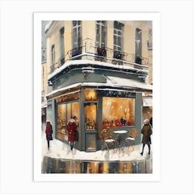 Paris cafes, winter season, Christmas, autumn oil colors, pale colors, pedestrians in the street, winter clothes, falling snow.Christmas decorations.5 Art Print