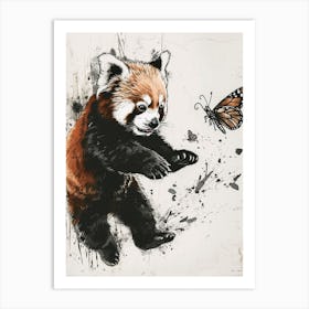 Red Panda Cub Chasing After A Butterfly Ink Illustration 3 Art Print