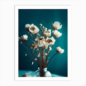 White Flowers and Turquoise Background Art Print