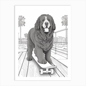 Newfoundland Dog Skateboarding Line Art 4 Art Print