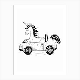 Unicorn In A Car Black And White Illustration 1 Art Print