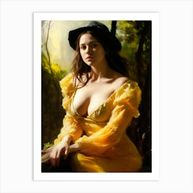 Beautiful Young Lady Gorgeous Woman In Victorian Yellow Dress Edwardian Fantasy Digital Painting Art Print