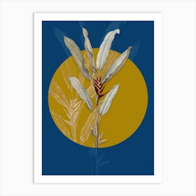 Vintage Botanical Parrot Heliconia on Circle Yellow on Blue n.0162 Art Print