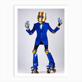 Scared Robot Sporting A Quirky Disguise Of Vibrant Cobalt Blue And Gold Balancing On Inline Roller Art Print