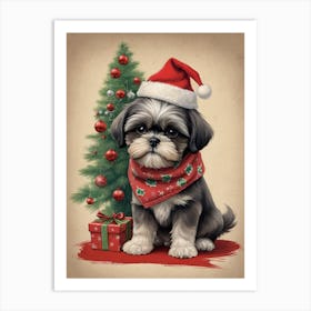Christmas Shih Tzu Dog Wear Santa Hat (8) Art Print
