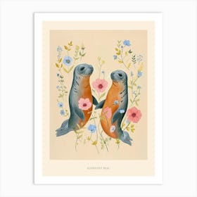 Folksy Floral Animal Drawing Elephant Seal 2 Poster Art Print