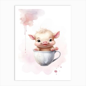 Baby Tea Cup Pig Flying With Ballons, Watercolour Nursery Art 1 Art Print