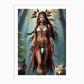 Indian Woman With Wolves 1 Art Print