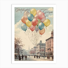 Festive Balloons Cluster At The Foreground Of A Vintage Postcard Colors In Soft Pastels Each Ballo (6) Poster