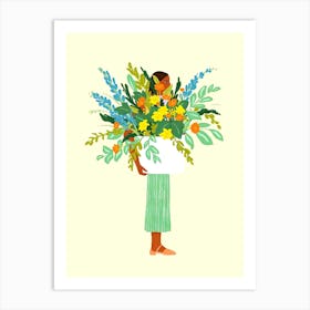 Woman Carrying A Bouquet Of Flowers 1 Art Print