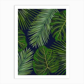 Tropical Monstera and Palm Leaves on Blue Art Print