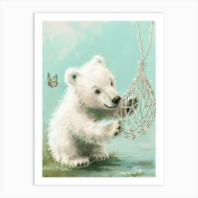 Polar Bear Cub Playing With A Butterfly Net Storybook Illustration 3 Art Print