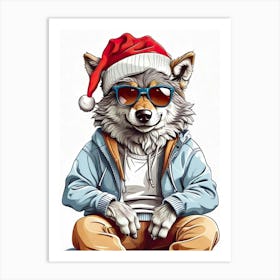 Wolf Christmas Hat Art Print