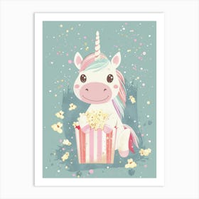 Cute Pastel Unicorn Eating Popcorn Blue Background 3 Art Print