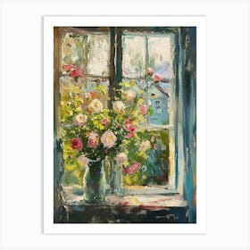 Roses Flowers On A Cottage Window 1 Art Print