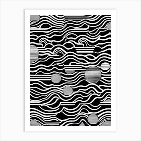 Retro Inspired Linocut Abstract Shapes Black And White Colors art, 181 Art Print