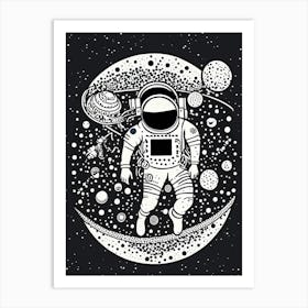 Floating Astronaut in Space - Black and White Cosmic Art Art Print