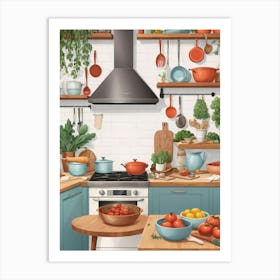 Kitchen With Pots And Pans Illustration Art Print