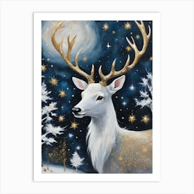 Yuletide Stag by Sarah Valentine ~ Blessed Yule Christmas Xmas Greetings Gold and Stars Winter Fae Animals Snow Scene 1 Art Print