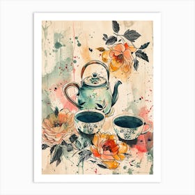 Watercolour Floral Teapot & Cups 1 Art Print