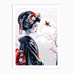 Geisha In Dark Kimono With Bird Outside Art Print