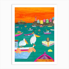 Lots Of Fishing Boats And Two Pelicans Art Print