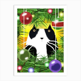 Tuxedo Cat and a Christmas Tree Art Print