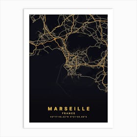 Marseille France Black And Gold Map Art Print