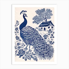 Peacock By The Cottage Navy 2 Art Print