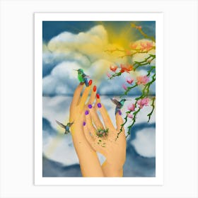 Harmony - Hummingbirds and Blossoms in Hands Art Print