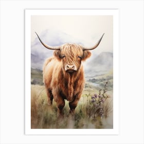 Curious Highland Cow In Field With Rolling Hills Watercolour 4 Art Print