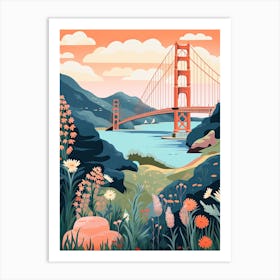 The Golden Gate Bridge   San Francisco, Usa   Cute Botanical Illustration Travel 1 Art Print