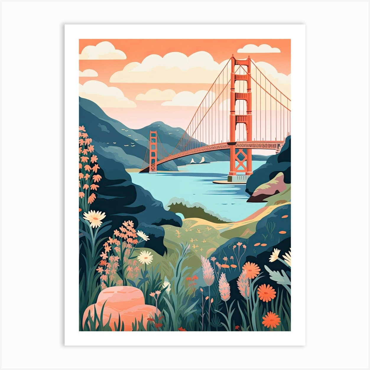 The Golden Gate Bridge Art Francisco, Travel Usa 1 Collection - Fy San Botanical by Cute Travel Poster Illustration Print